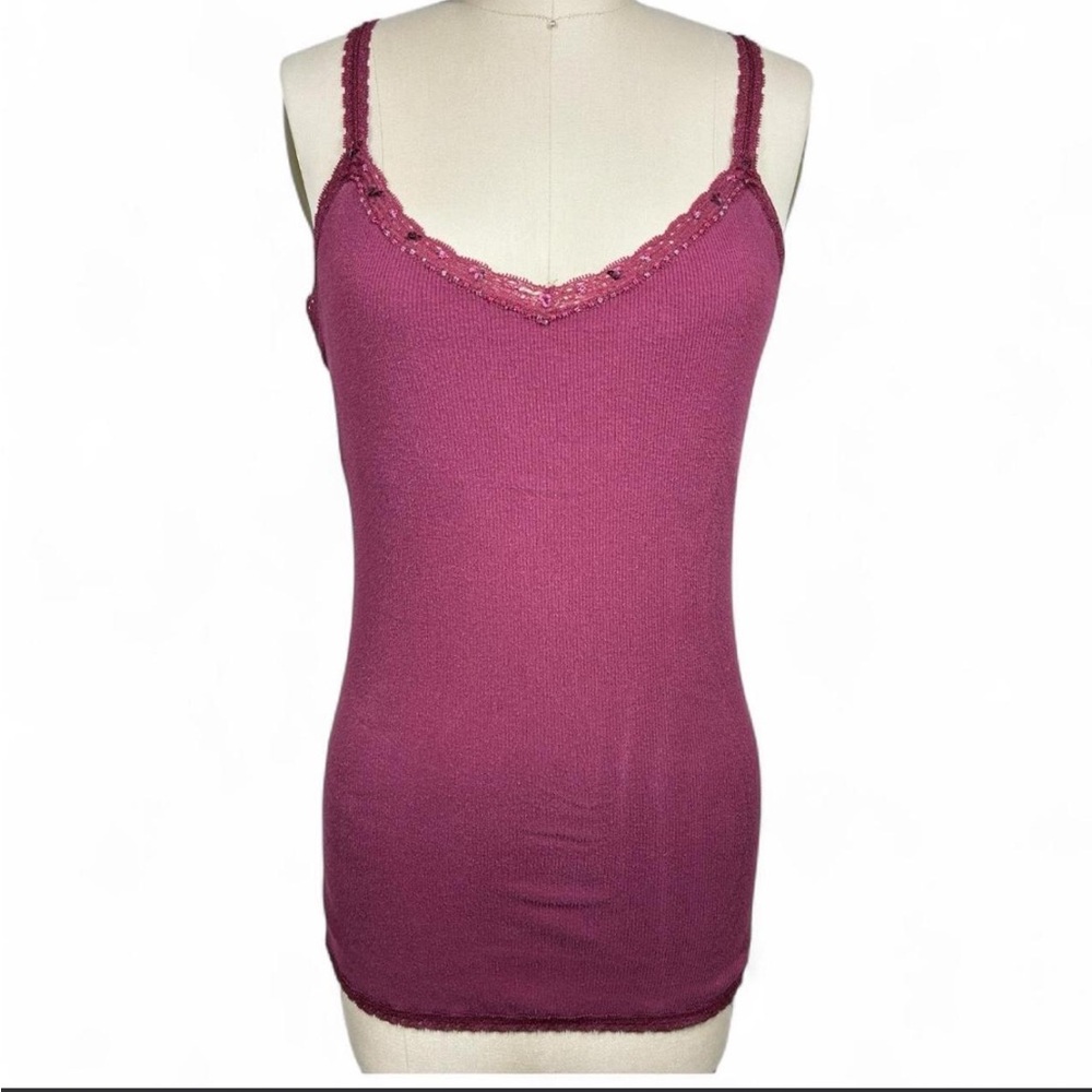 Aeropostale Burgundy Lace Trim Cami Y2K Ribbed Beaded Tank Top Size L